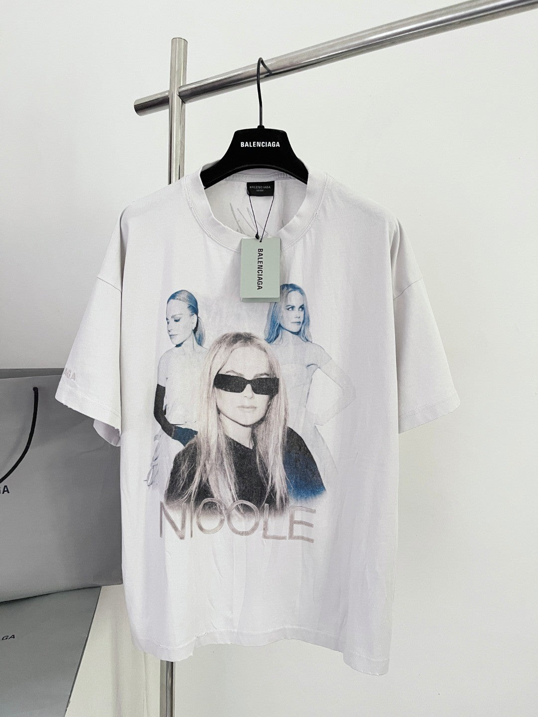 Balenciaga Nicole Kidman Ambassador Signature Portrait Men's Women's Summer Solid Color Pleated Washed Casual Loose Short Sleeve NICOLE BOXY T-Shirt Ngvp #1482