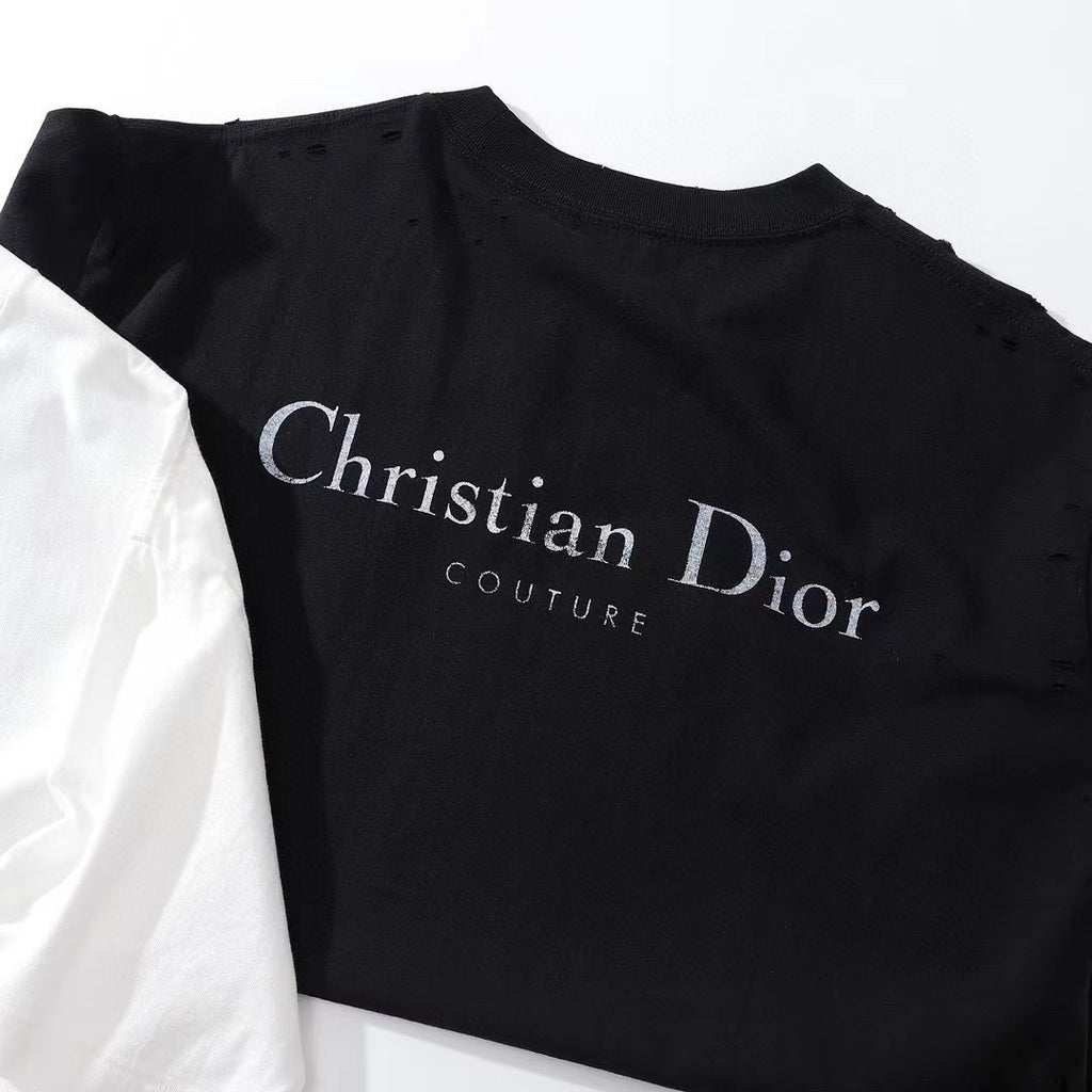 Dior Men's & Women's Summer Fashion Casual Solid Color Crew Neck Christian Dior Couture Print Relaxed Fit Plain-weave Knit Fabric With Distressed Finish Short Sleeve T-Shirt #79127