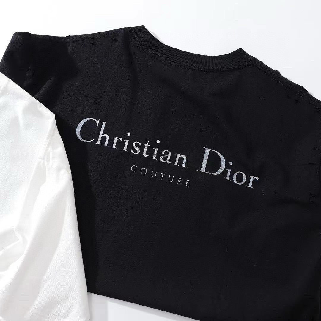 Dior Men's & Women's Summer Fashion Casual Solid Color Crew Neck Christian Dior Couture Print Relaxed Fit Plain-weave Knit Fabric With Distressed Finish Short Sleeve T-Shirt #79127
