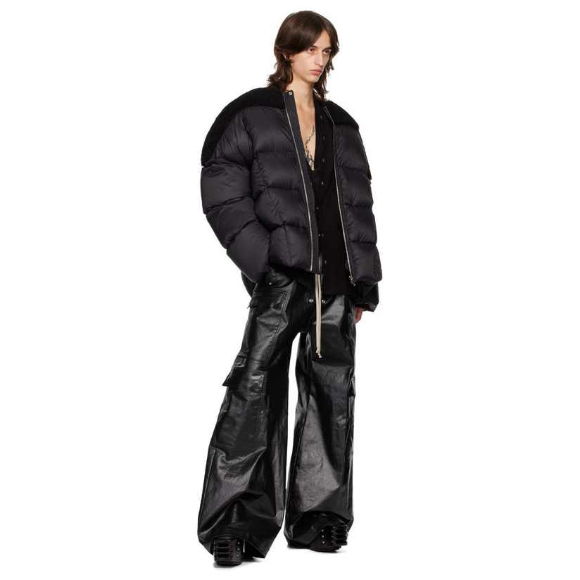 Rick Owens Men's Fall And Winter Black Porterville Flight Feather Jacket Short Jacket Men's Aviator Jacket Fashion Splicing Warm Jacket Ngvp #2496