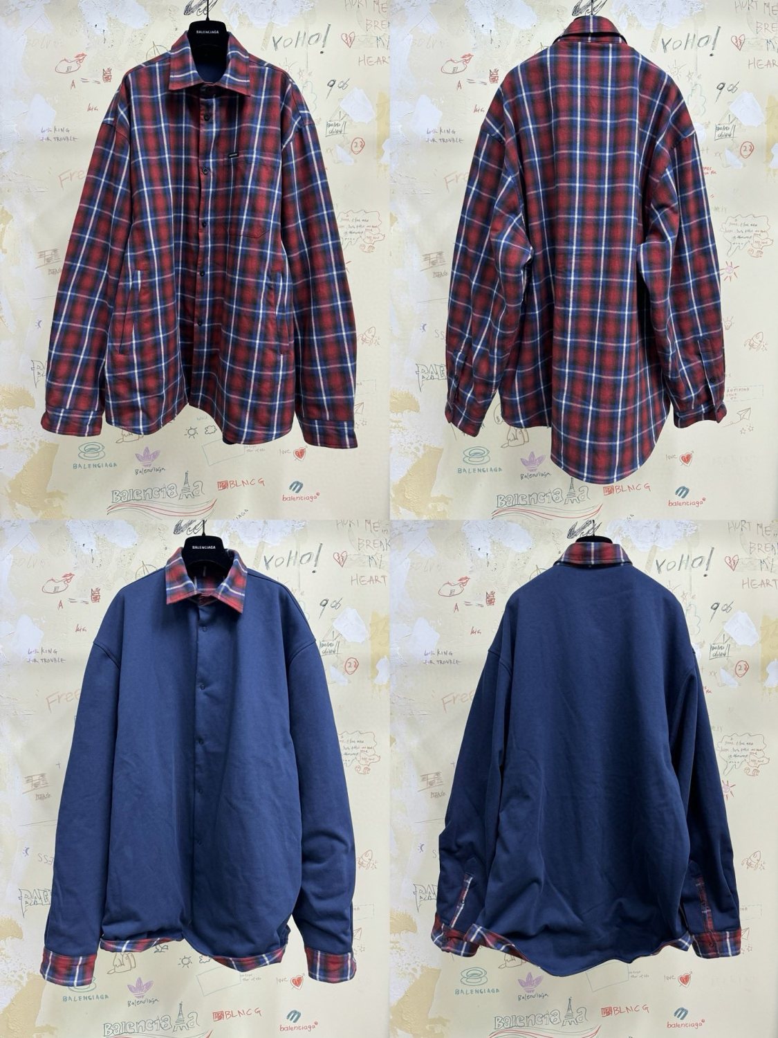 Balenciaga Men's Fall And Winter Color Blocking Check Single-Breasted Double-Sided Loose Shirt Cotton Long-Sleeved Jacket Ngvp #9653