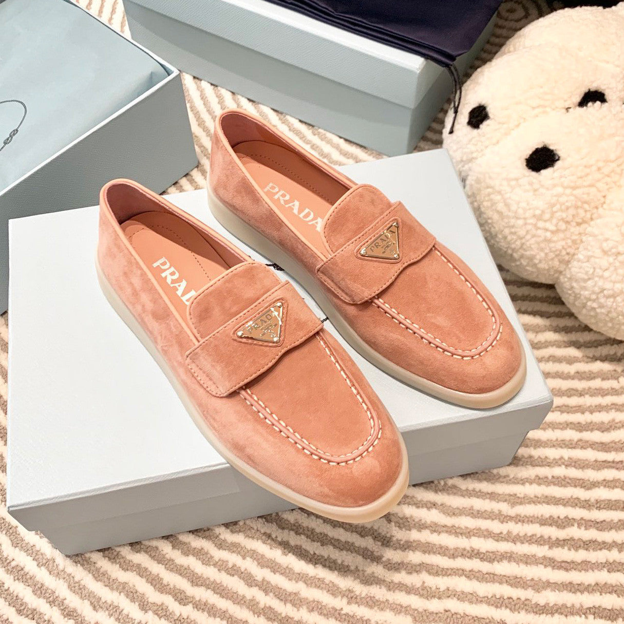 Prada Men's And Women's Spring/Summer Solid Color Fashionable Casual Round Toe Slip On Loafers In Cow Suede With Triangular Logo Shoes #78267