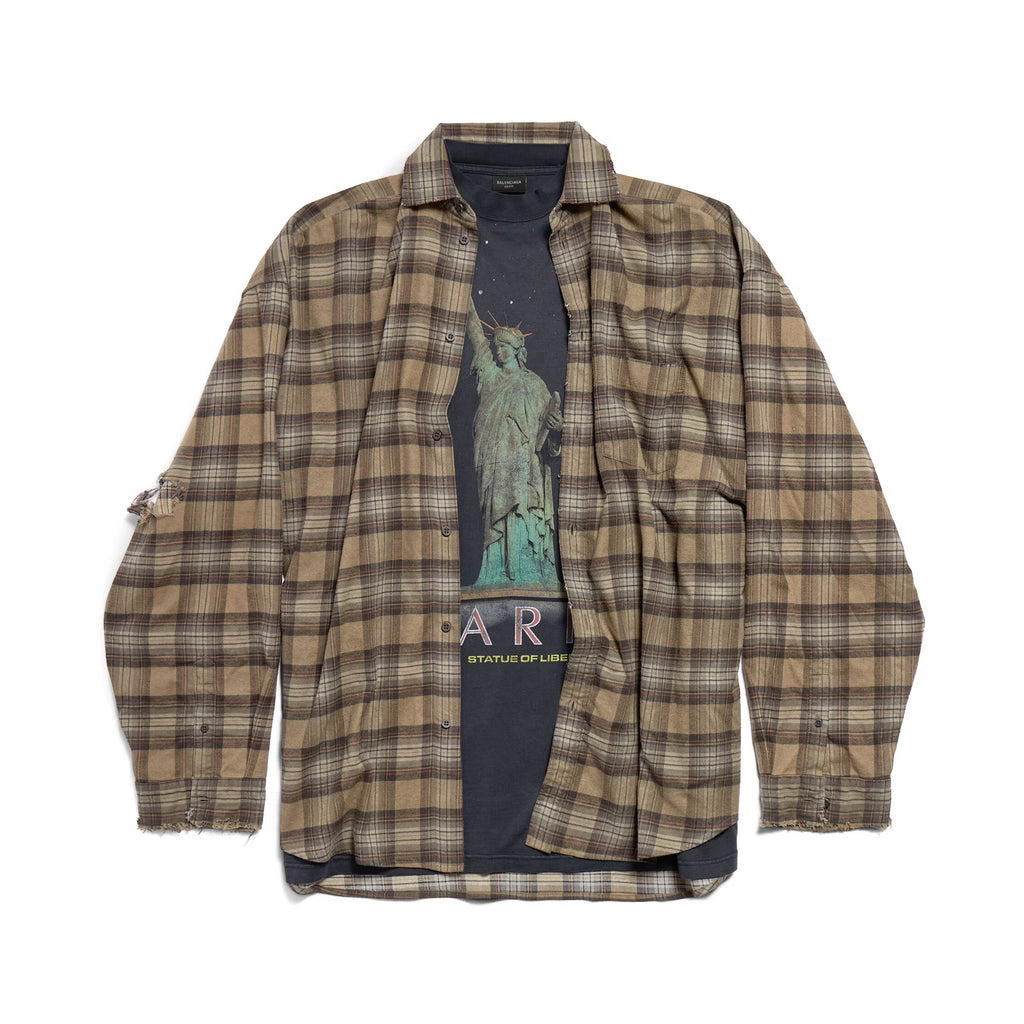 Balenciaga Men's Spring And Autumn Checkered Lapel Aged Cotton PARIS LIBERTY Loose Long Sleeve Solid Layered Shirt Ngvp #9286