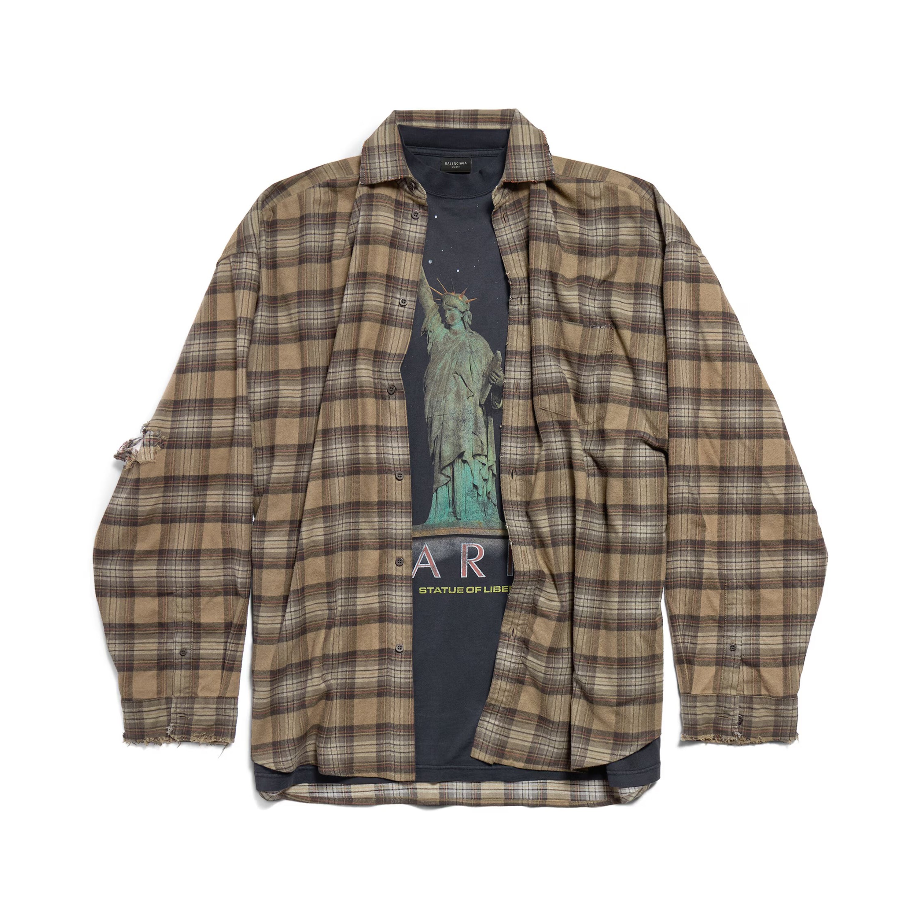 Balenciaga Men's Spring And Autumn Checkered Lapel Aged Cotton PARIS LIBERTY Loose Long Sleeve Solid Layered Shirt Ngvp #9286