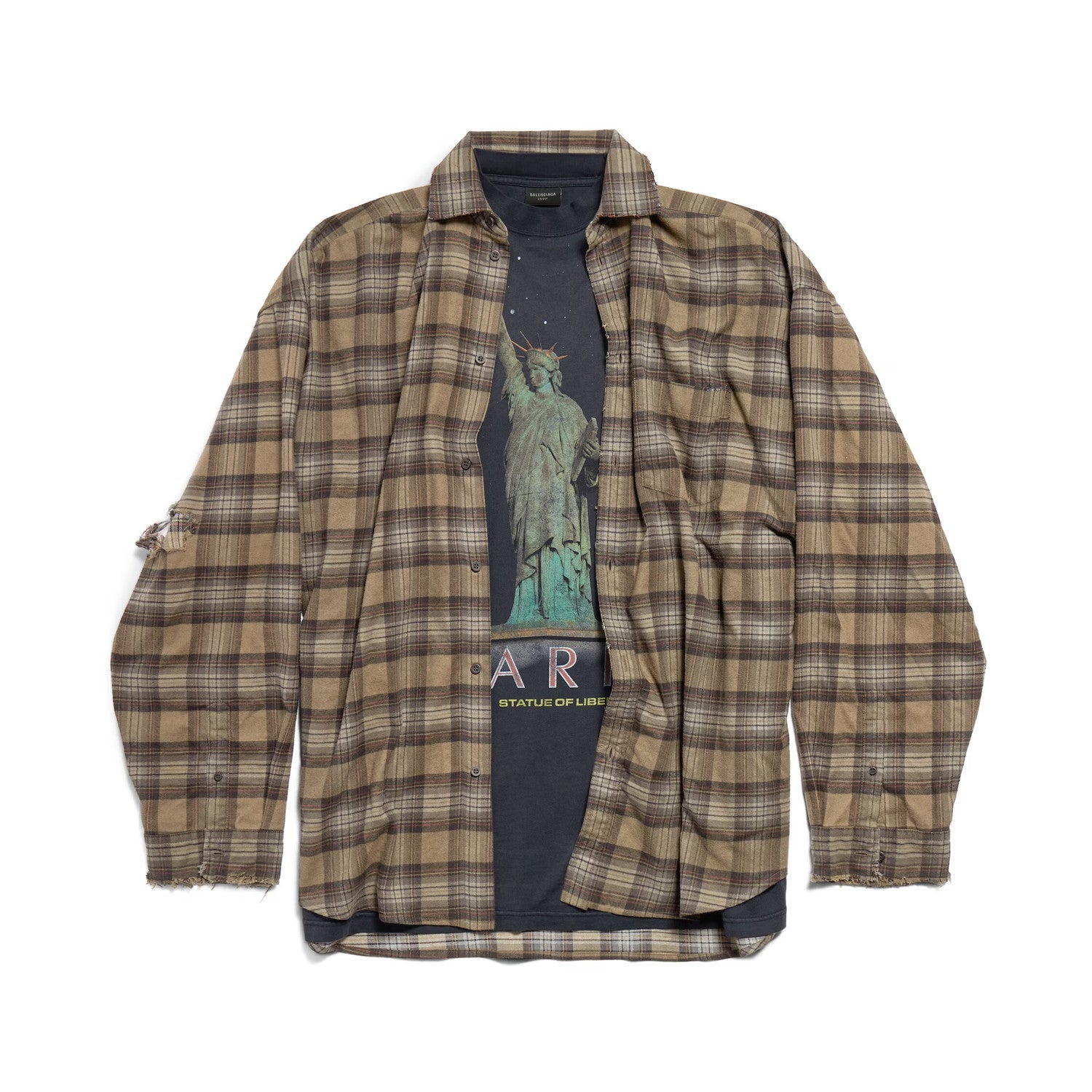 Balenciaga Men's Spring And Autumn Checkered Lapel Aged Cotton PARIS LIBERTY Loose Long Sleeve Solid Layered Shirt Ngvp #9286