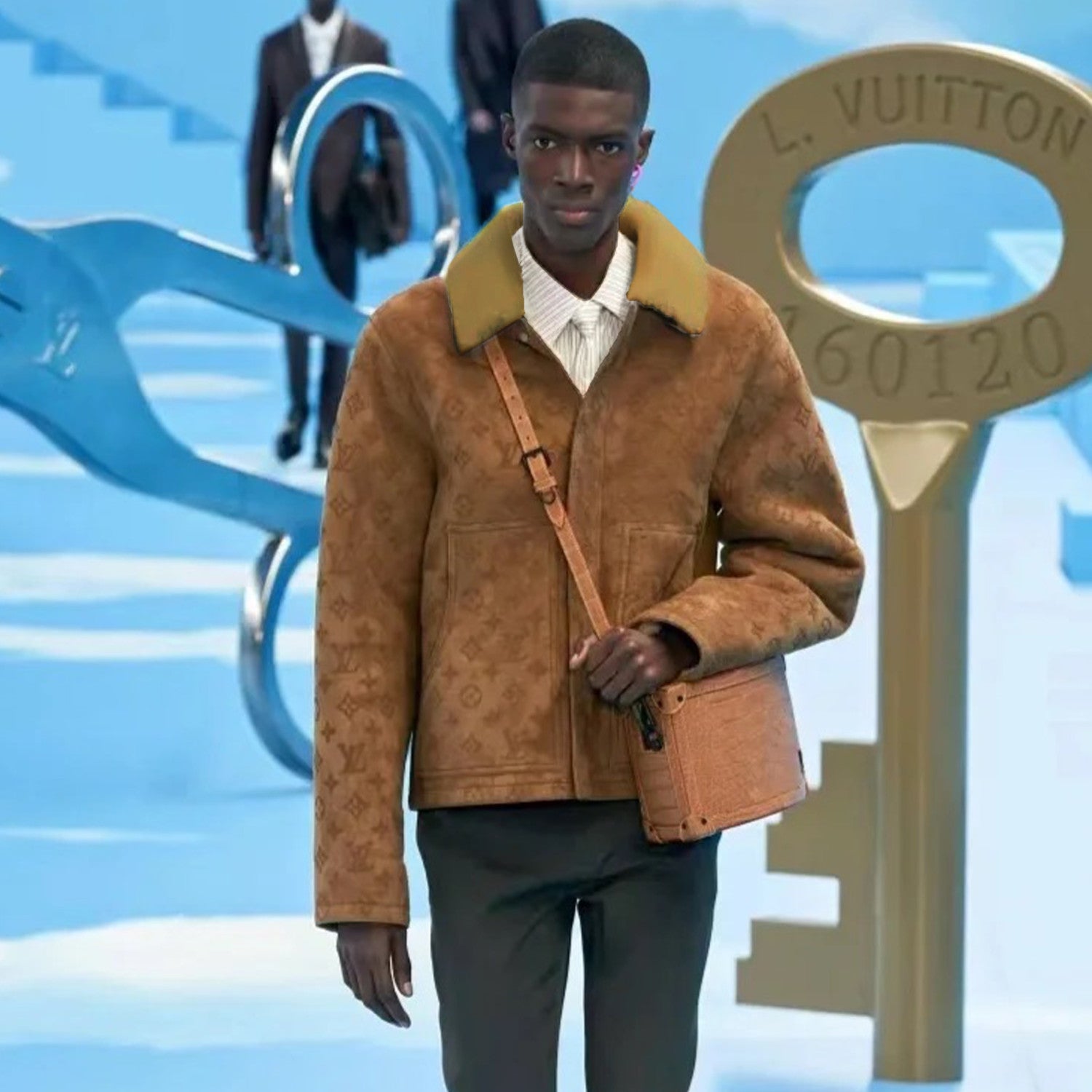 Louis Vuitton Monogram Embossed Sheepskin Lapel Single Breasted Long Sleeve Leather Jacket Zipper Fashion Vintage Hair Collar Jacket Coat #71612