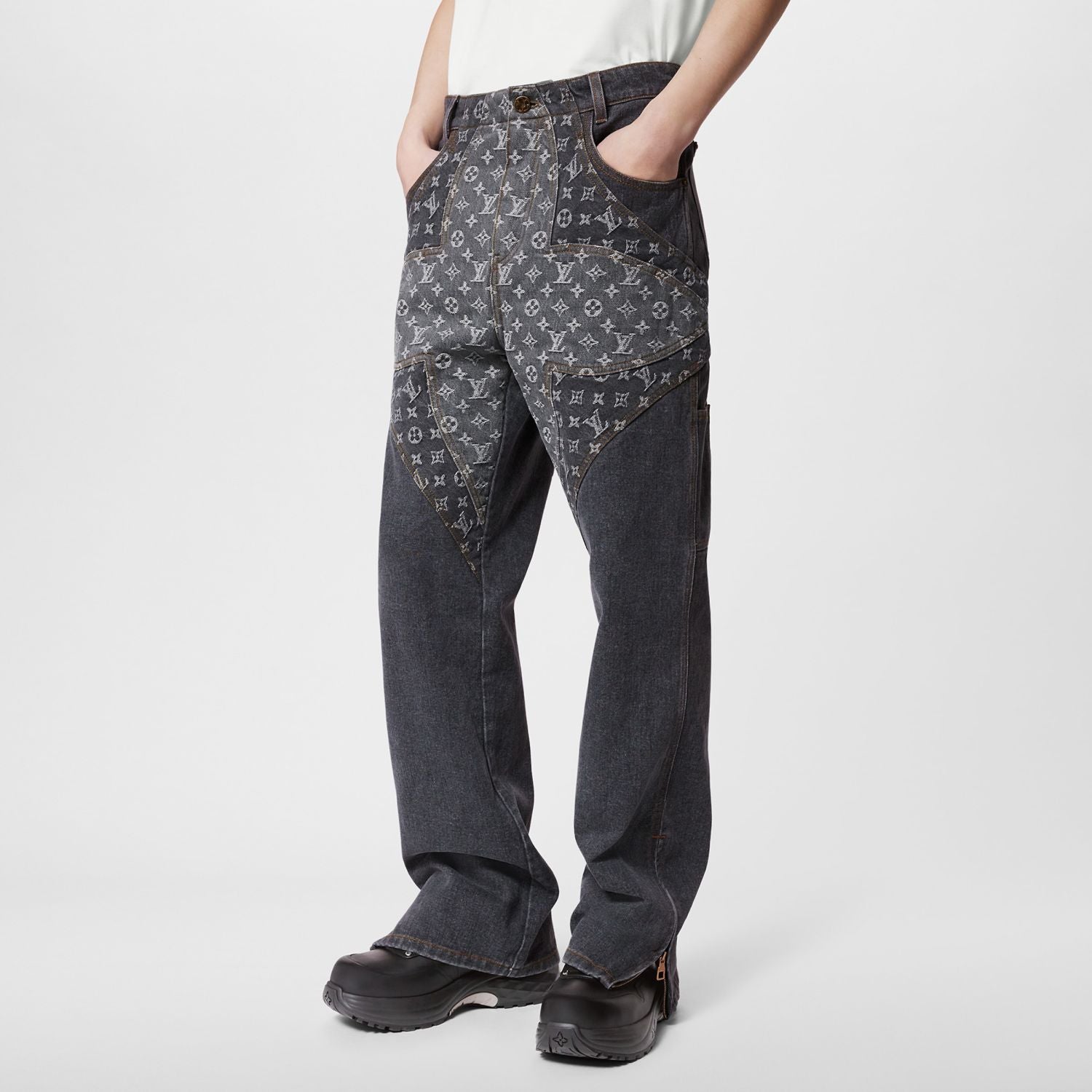 Louis Vuitton Monogram Flower Denim Pants Men's Black Logo Letter Print Irregular Fit Jeans #98869