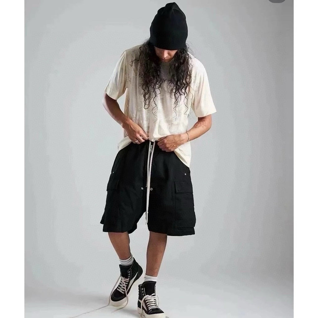 Rick Owens Men's Summer High Street Elastic Waist Tie Straight Solid Color Casual Nylon Shorts #71641