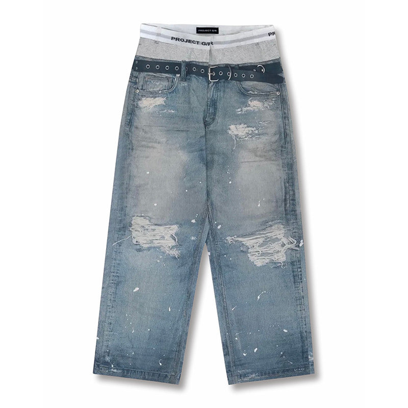 GRAILZ Project G/R   Men's Printed Denim Pants Old High Street Vintage Jeans Loose Wide Leg Straight Trousers #81387