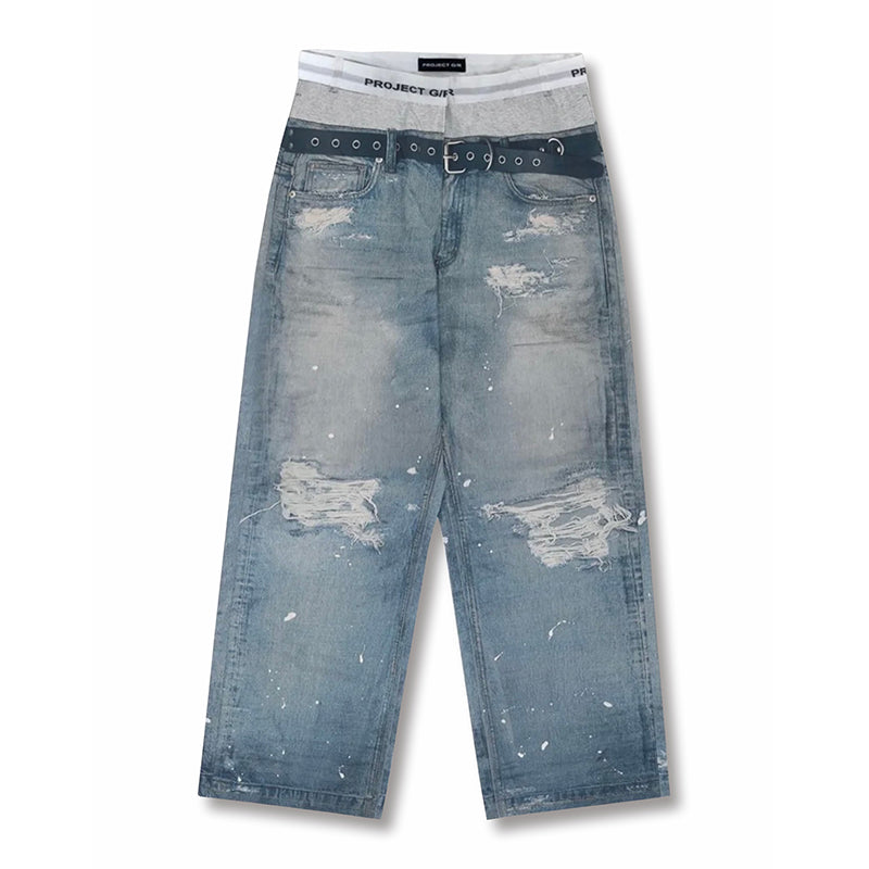 GRAILZ Project G/R   Men's Printed Denim Pants Old High Street Vintage Jeans Loose Wide Leg Straight Trousers #81387