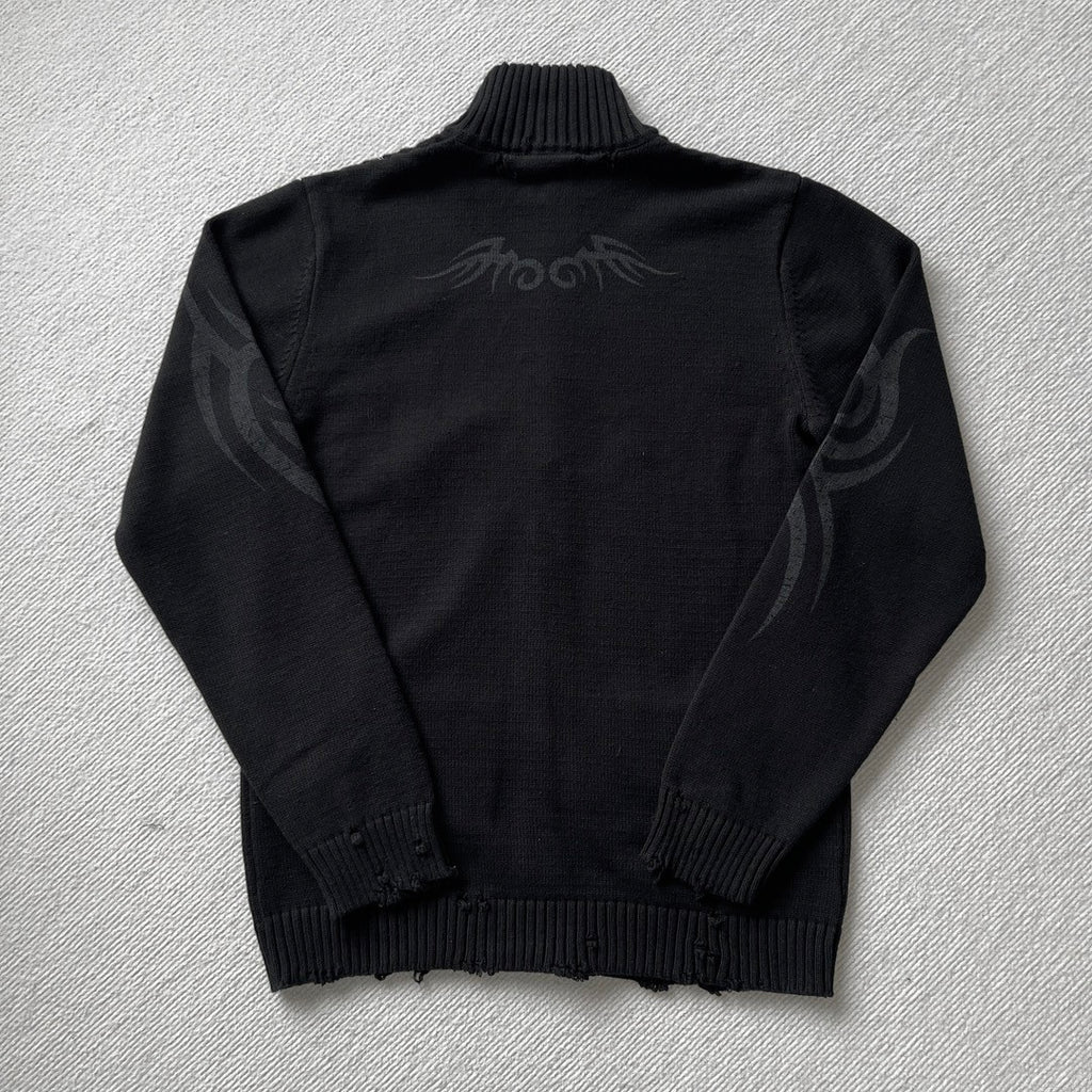 Balenciaga Men's Spring And Autumn Y2K Old High Neck Zipper Pattern Printed Black Long Sleeve Loose Knit Cardigan Jacket Ngvp #9479
