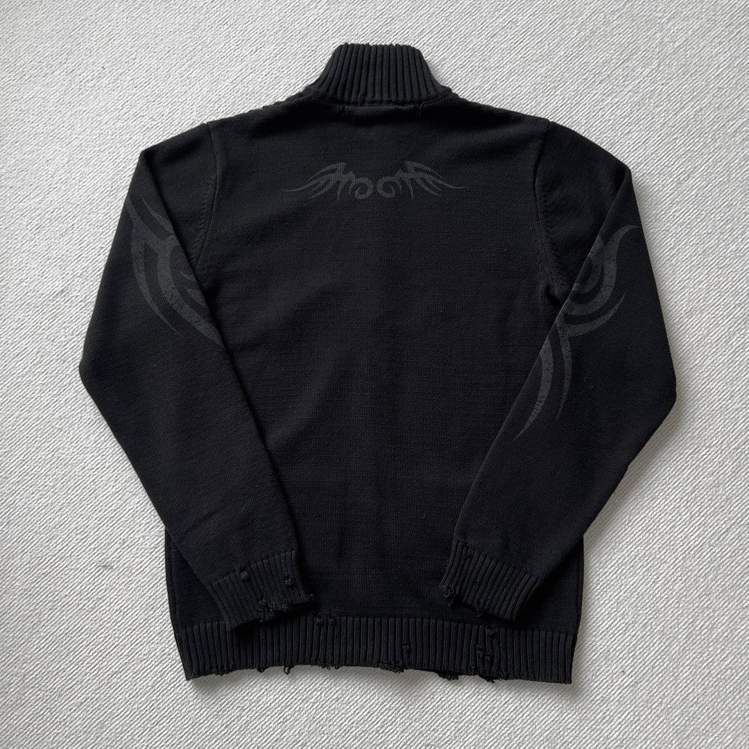 Balenciaga Men's Spring And Autumn Y2K Old High Neck Zipper Pattern Printed Black Long Sleeve Loose Knit Cardigan Jacket Ngvp #9479
