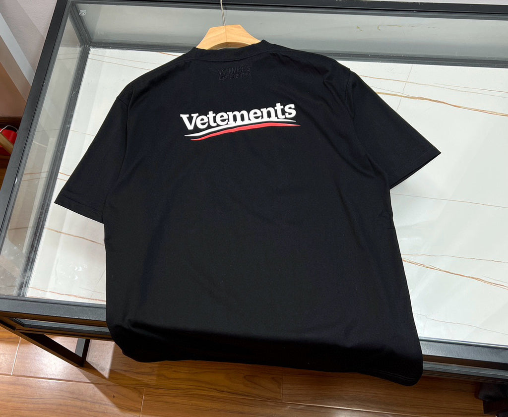 Vetements Men's and Women's Summer Letter Logo Printed Solid Colour Drop Shoulder Short Sleeve T-Shirt #99271