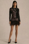 Stardust | Brown Sequined Velvet Crew-Neck Mini Dress With Feather Trim