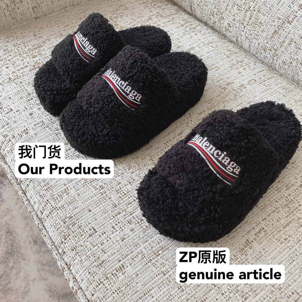 Balenciaga Furry Women's Spring/Summer Solid Colour Faux Fur Embroidered Letter Print Thick Sole Slippers Shoes #76986