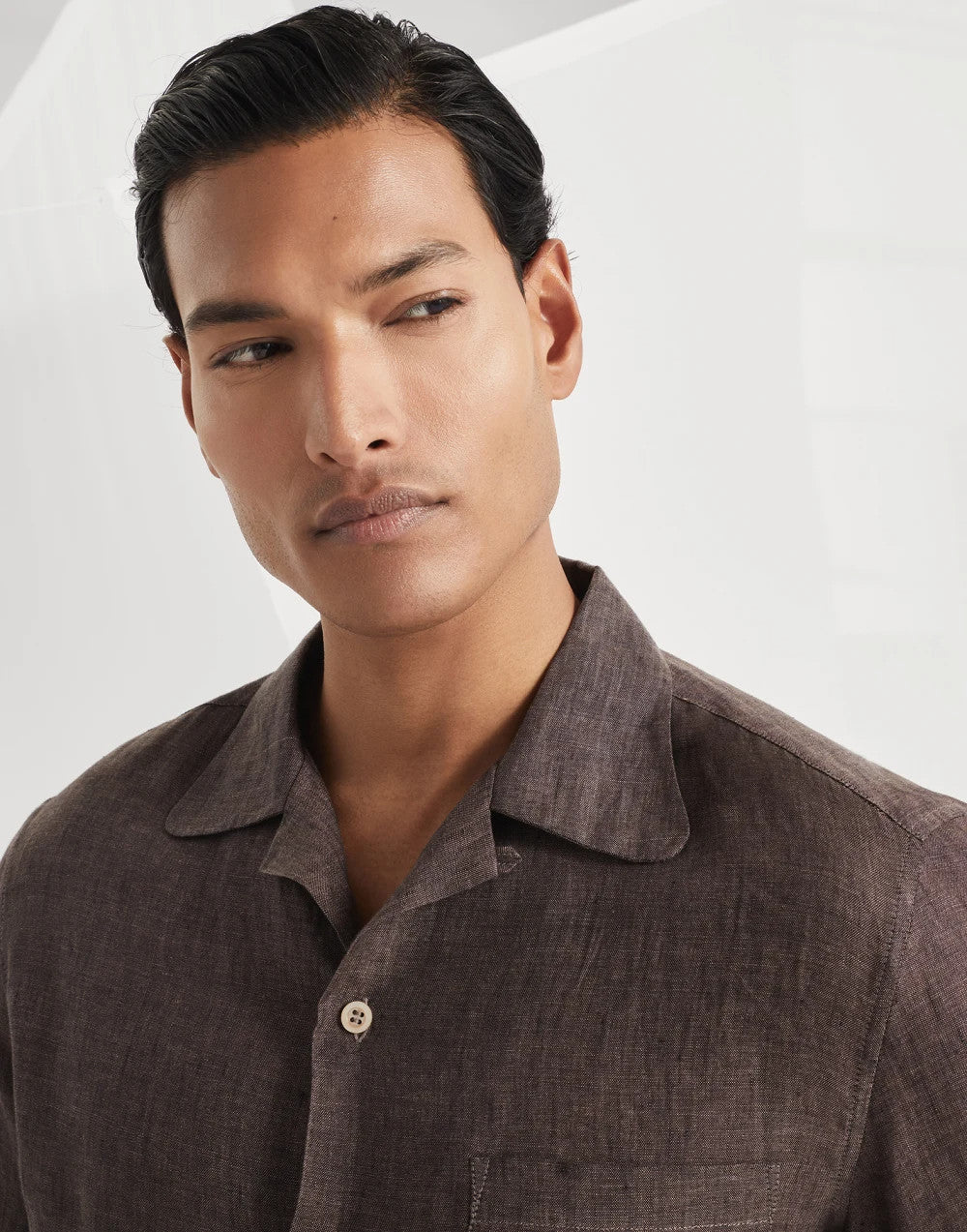 Brunello Cucinelli Men's Linen Easy Fit Shirt with Camp Collar and Chest Pocket Spring And Autumn Solid Color Long Sleeve Top Ngvp #1455