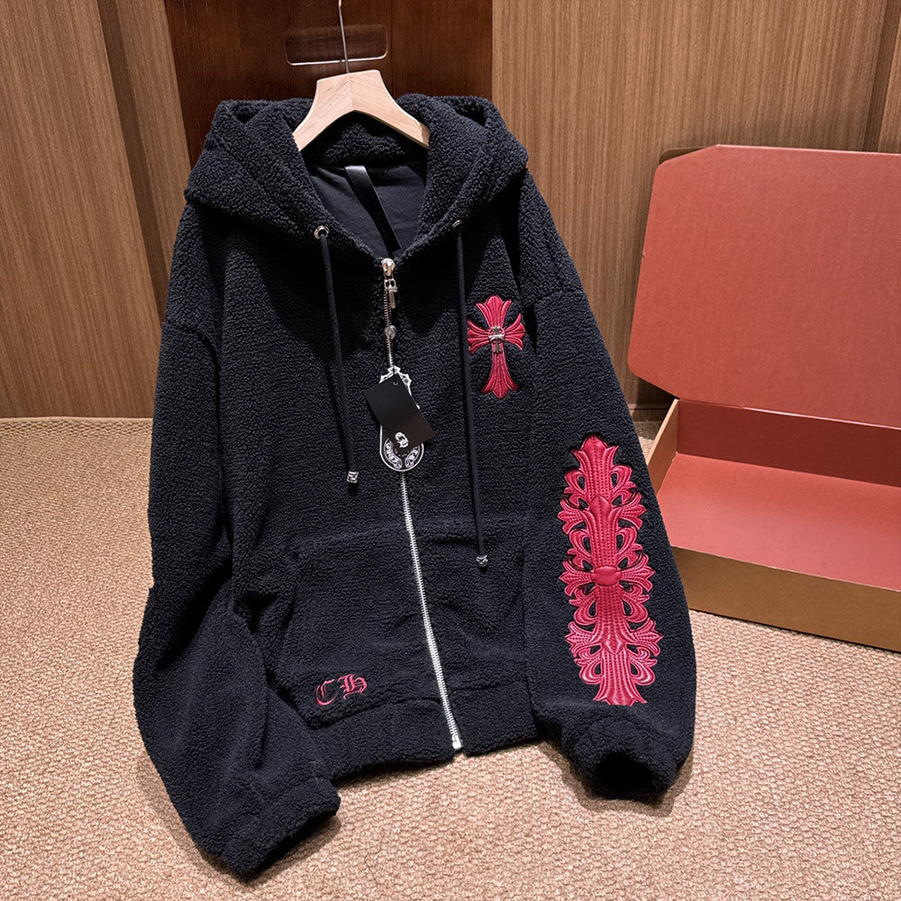 Chrome Women's and Men's Fall/Winter Hearts Polar Fleece Red Leather Cross Coat Embroidered Flowers  #332923