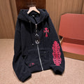 Chrome Women's and Men's Fall/Winter Hearts Polar Fleece Red Leather Cross Coat Embroidered Flowers  #332923