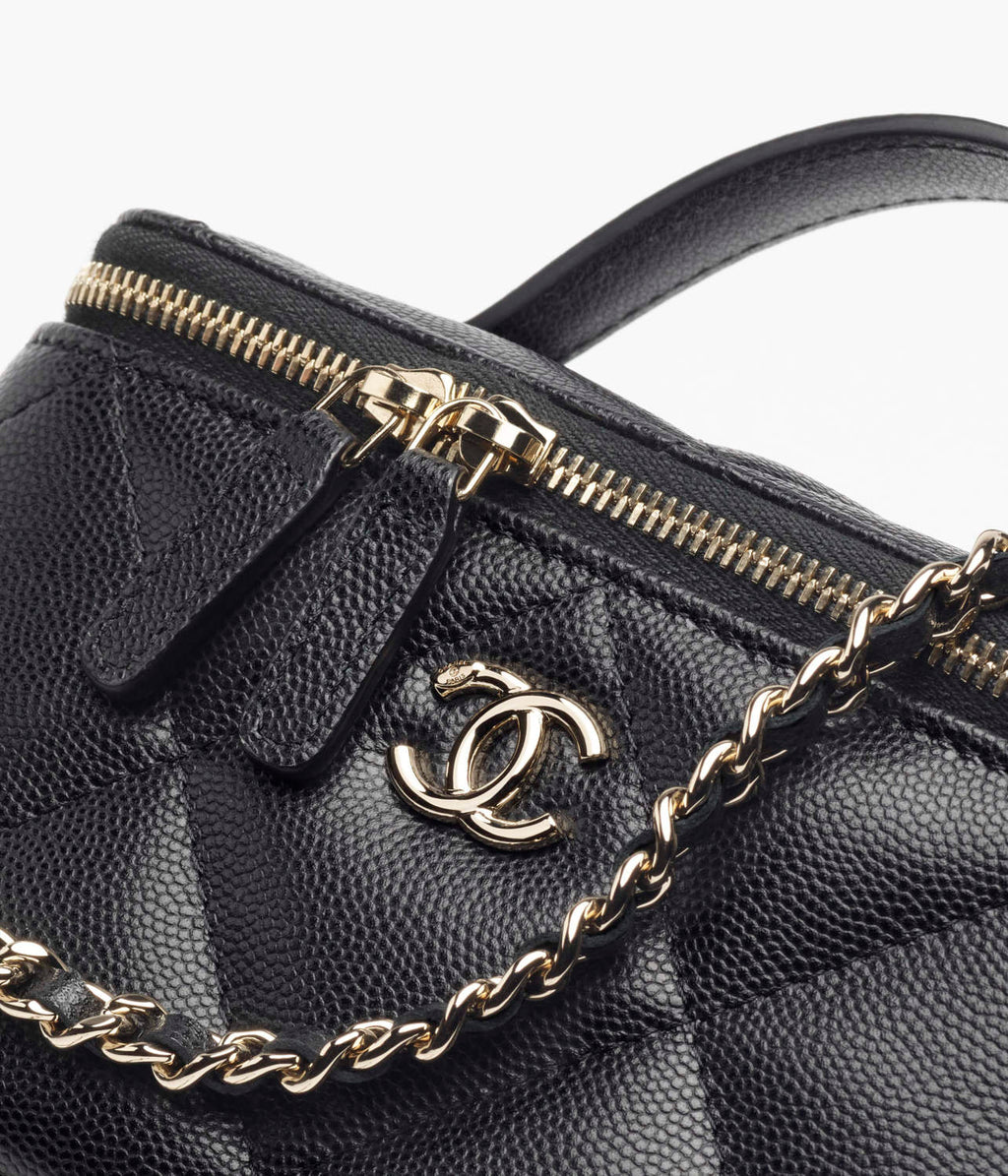 Chanel Long Vanity With Chain Grained Shiny Calfskin Gold Tone Metal Black #332777
