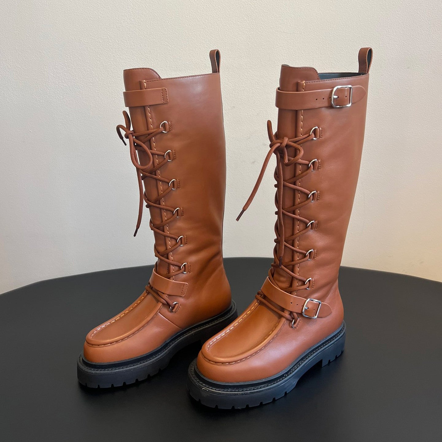 Hermes Women's Fall/Winter Landscape Boots Lace-Up Round-Toe High-Top Boots Solid-Color Cowhide Casual Shoes Heel Height: 3.5cm Ngvp #2326