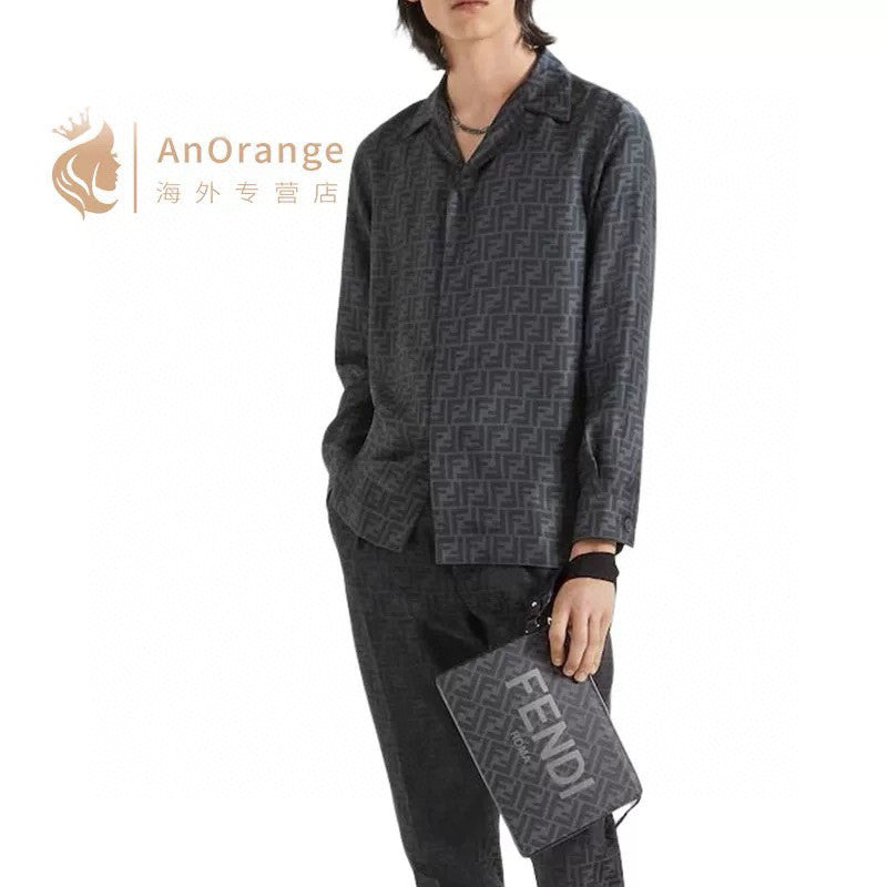 Fendi Men's Women's  Autumn And Winter New Silk Light Cotton Solid Color Lapel Shirt Ff Jacquard Logo Fashion Loose Casual Long-sleeved Shirt! #81616