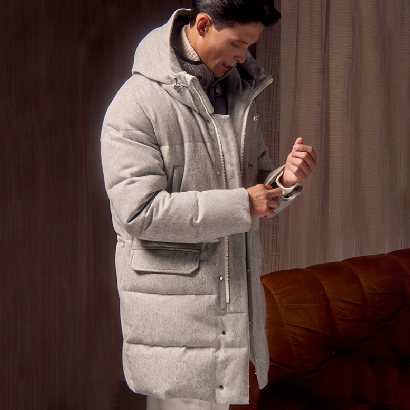 Montecore Men's Autumn And Winter Coat Casual Hooded  Zipper Stand Up Collar Wool Fabric Long Style Puffer Down Jacket Ngvp #7454
