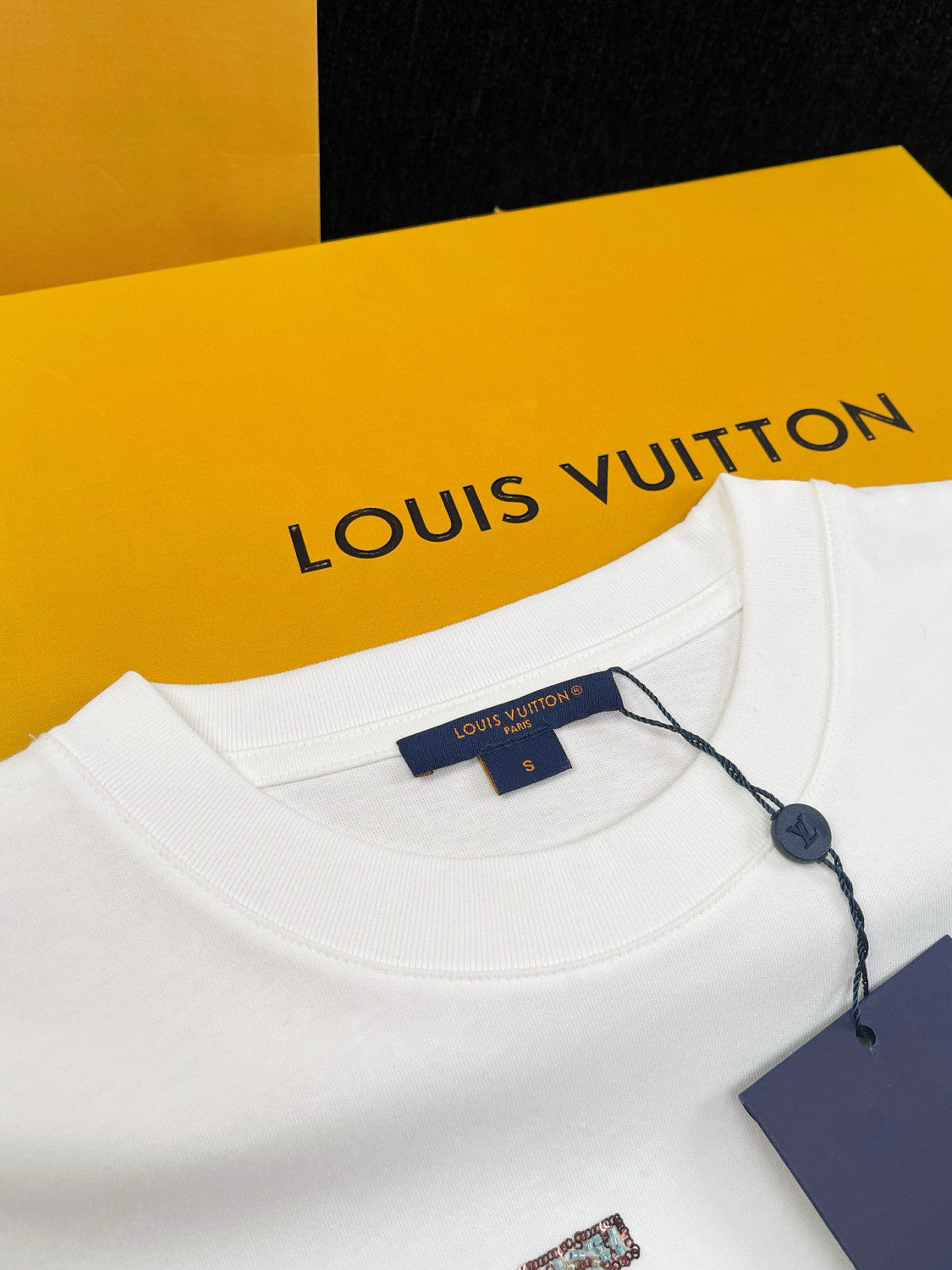 Louis Vuitton Men's Summer Logo Beaded Embroidery White Cotton Round Neck Short Sleeve T-Shirt #98378