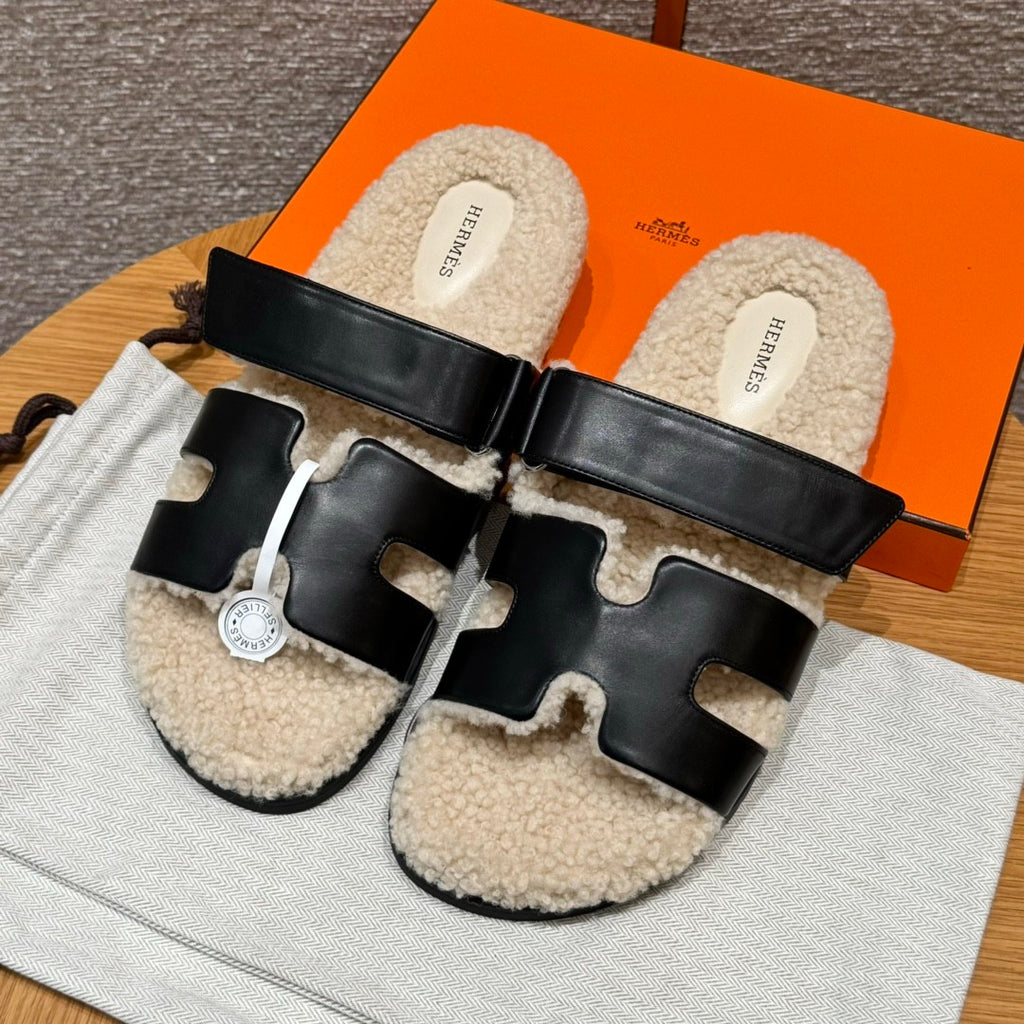 Hermes Chypre Men's And Women's Spring/Fall Fashion Casual Suede Shearling Flip Flop Sandals Shoes #78741