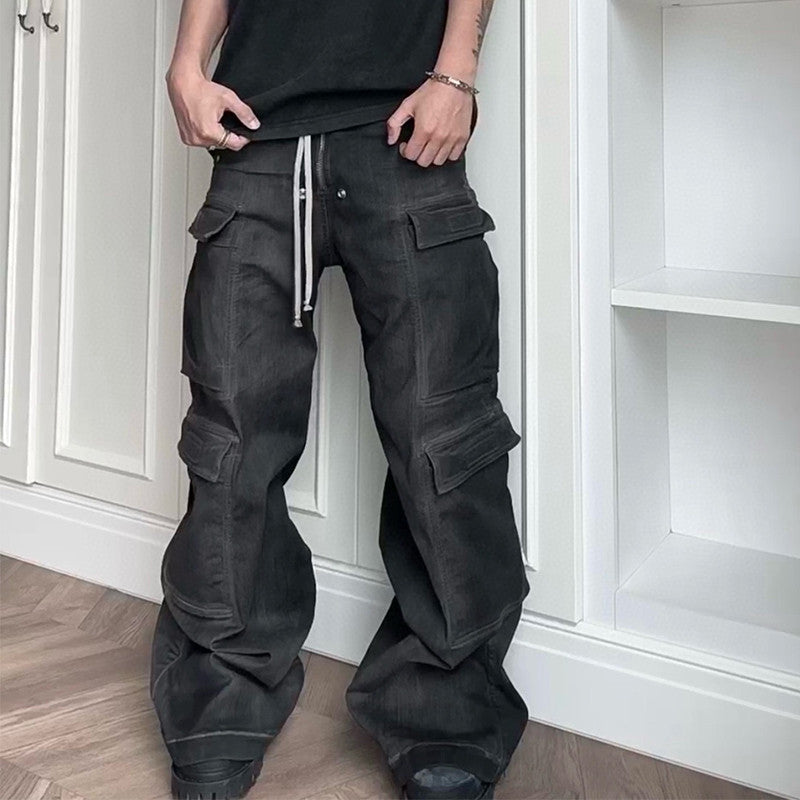 Rick Owens Men's Spring And Autumn Gradient Washed Jeans Casual High Street Zipper Multi-pocket Pants Ngvp #7776