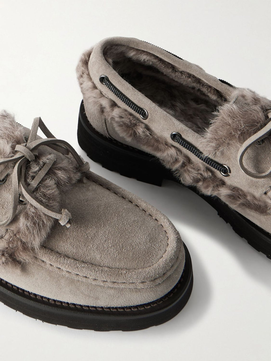 Brunello Cucinelli Bead Embellished Shearling Trimmed Suede Loafers #333658