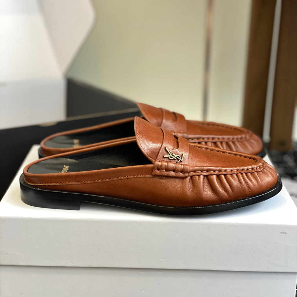 Saint Laurent LE LOAFER Women's Fashion Casual Round Toe Slip On Half Slip On Logo Leather Loafer Mule Shoes #78444