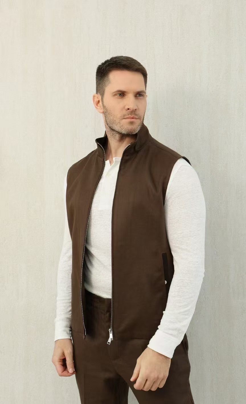 Ermenegildo Zegna Men's Spring And Autumn Solid Color Standing Collar Zipper Fit Sleeveless Vest Jacket Ngvp #1168