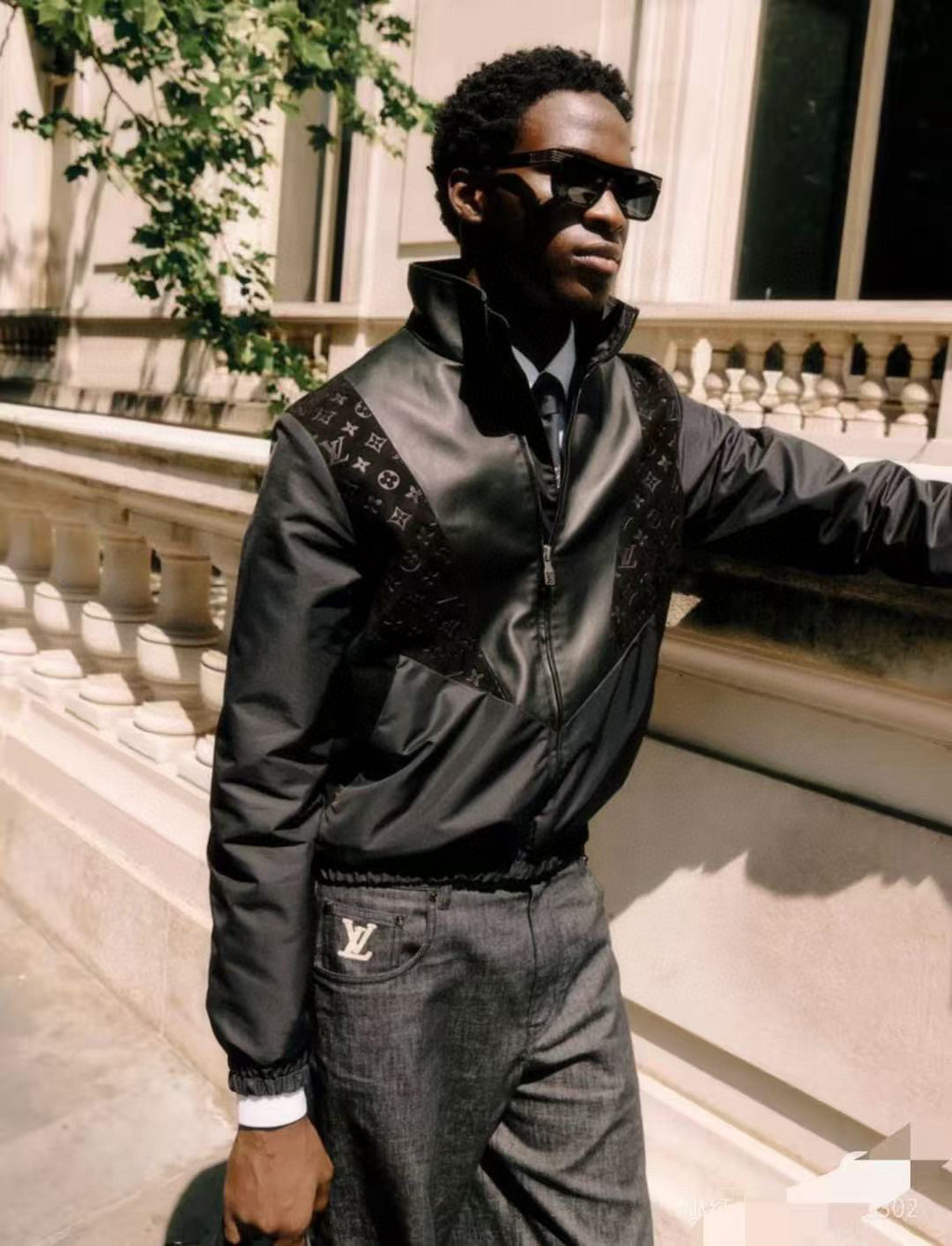 Louis Vuitton Men's Spring/summer Casual Fashion Solid Color Logo Embossed Zipper Cuff Elastic Mixed Leather Sports Jacket #78366