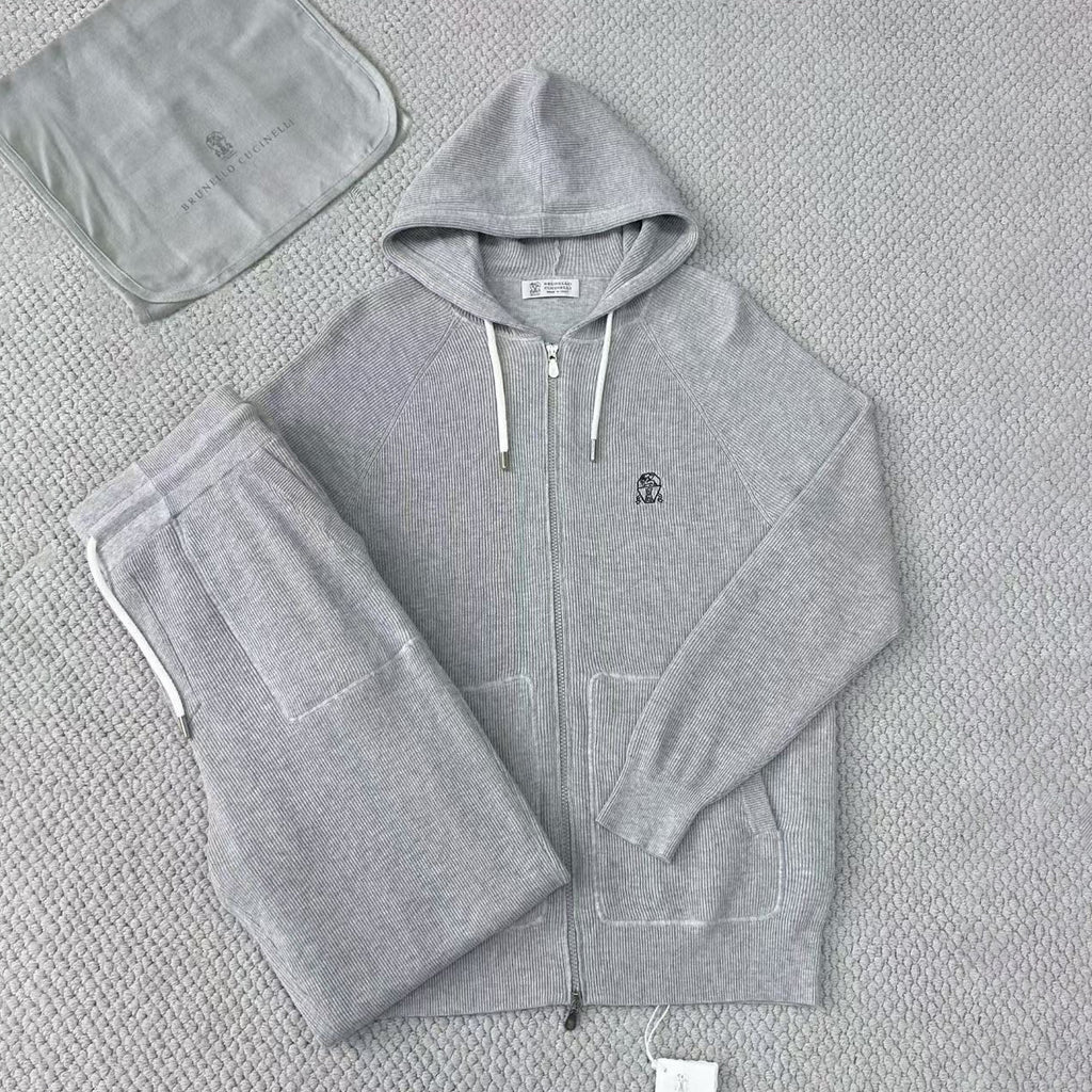Brunello Cucinelli Men's Spring/autumn Fashion Casual Solid Color Logo Zipper Hoodie Ribbed Cotton Knit Pants Zipper Cuffs Suit Set #78353