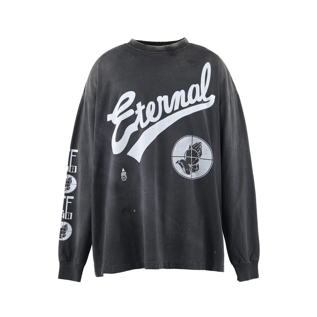 Saint Michael x Fear Of God Men's Letter Print Spring And Fall Washed And Old Solid Color Cotton Stand-Up Collar Long Sleeve T-Shirt Ngvp #1834
