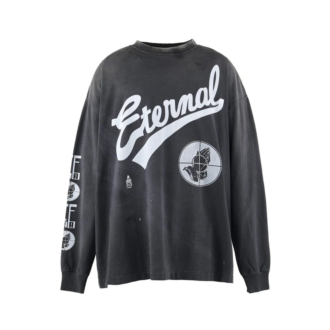 Saint Michael x Fear Of God Men's Letter Print Spring And Fall Washed And Old Solid Color Cotton Stand-Up Collar Long Sleeve T-Shirt Ngvp #1834