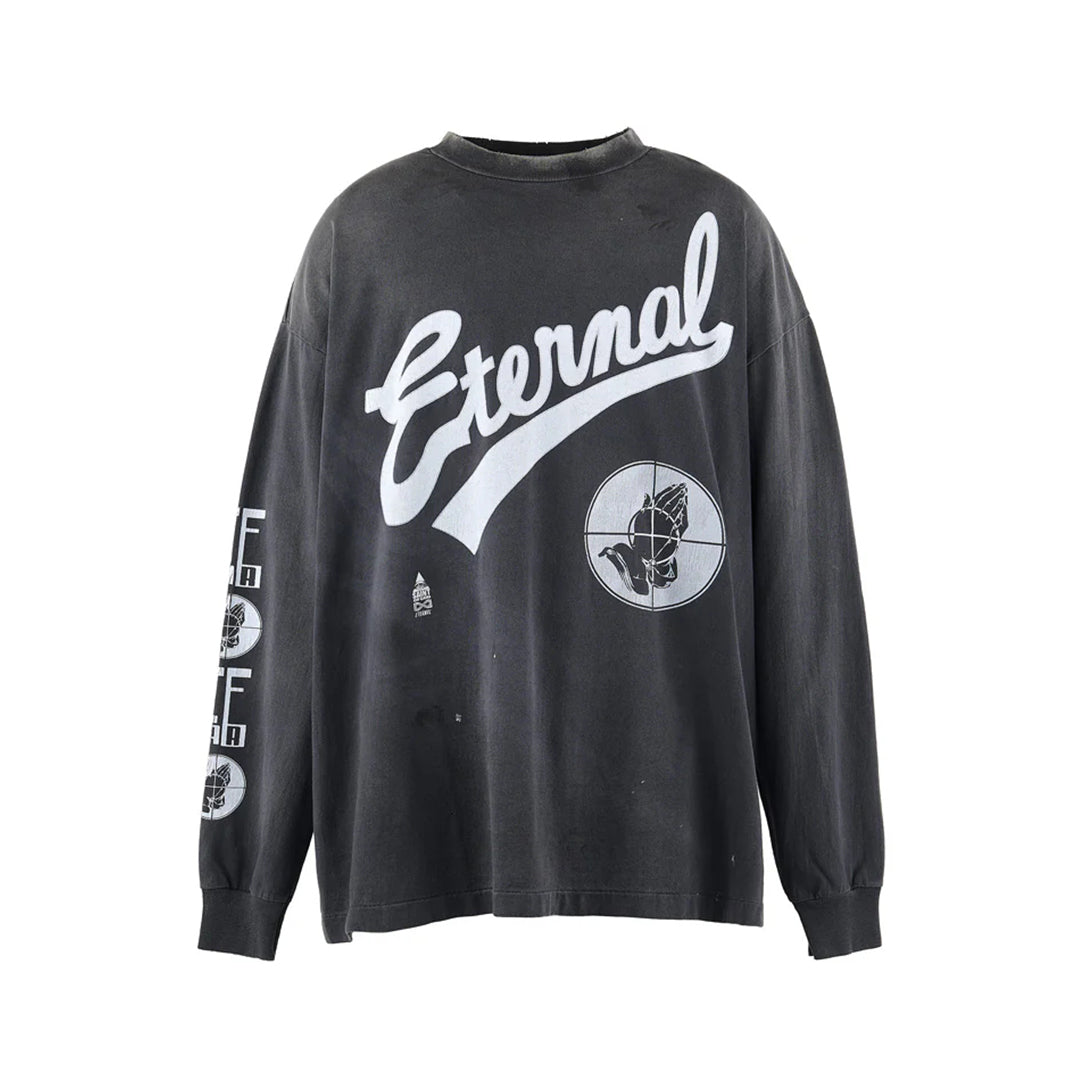 Saint Michael x Fear Of God Men's Letter Print Spring And Fall Washed And Old Solid Color Cotton Stand-Up Collar Long Sleeve T-Shirt Ngvp #1834