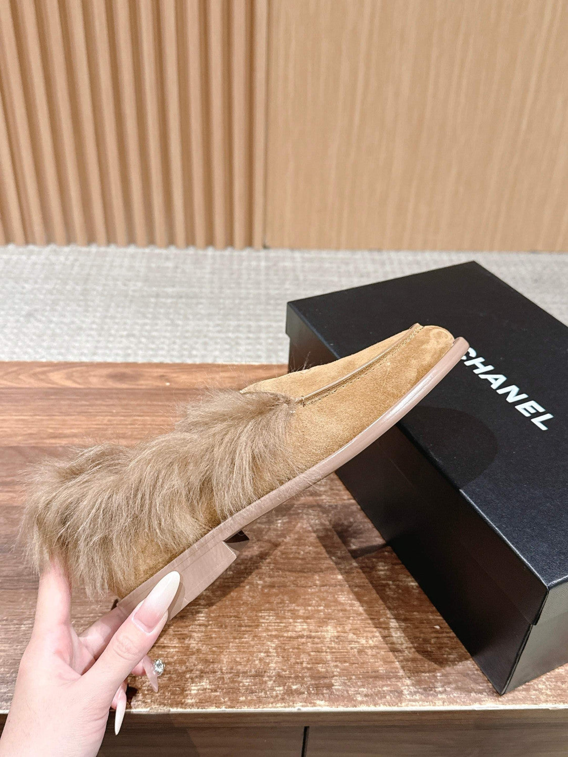 Chanel Moccasins Suede Kidskin Shearling Lambskin Brown #334371