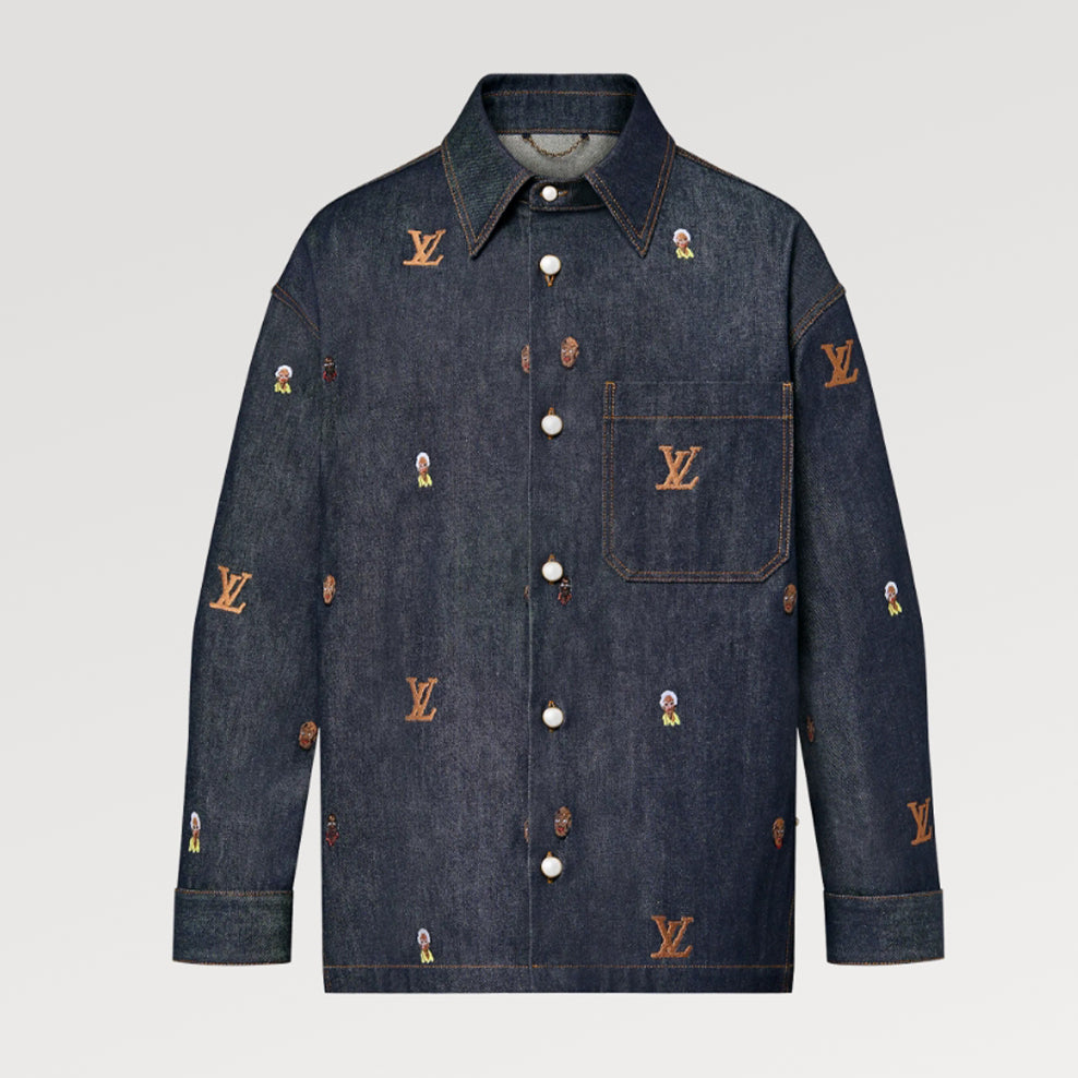 Louis Vuitton Men's Spring & Autumn Monogrammed Embroidered Single Breasted Lapel Loose Denim Jacket Style Shirt #98713