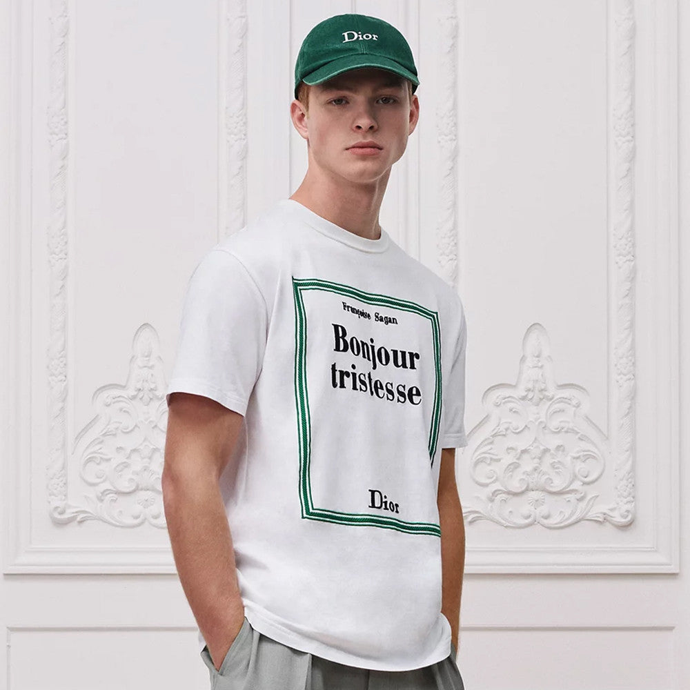 Dior T-Shirt with Book Cover Embroidery Relaxed Fit White and Green Cotton Jersey #337069