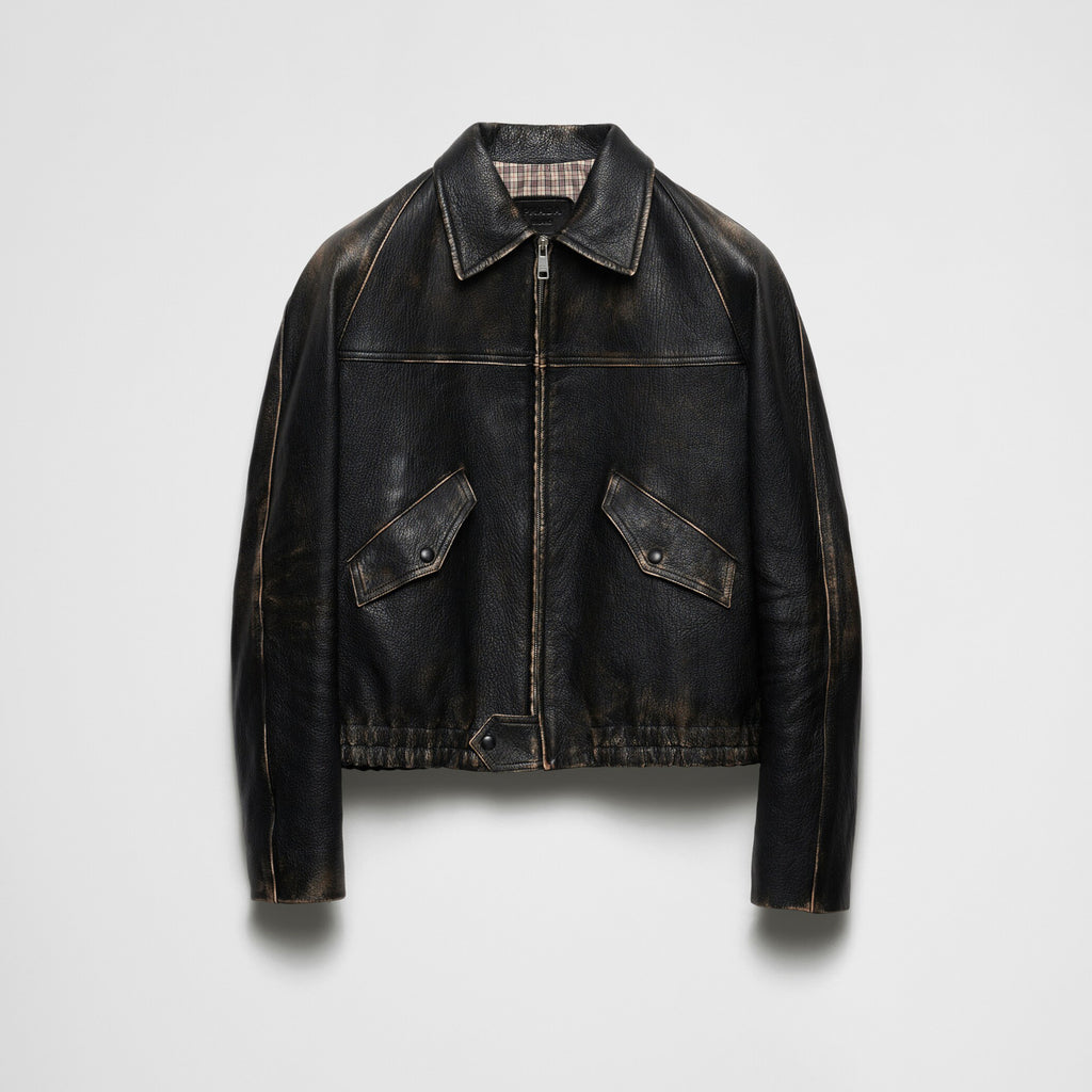 Prada Men's Women's Autumn And Winter Retro High Street Biker Wind Leather Jacket Lapel Zipper Jacket Coat  Ngvp #8946