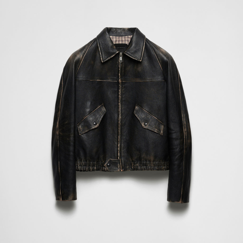 Prada Men's Women's Autumn And Winter Retro High Street Biker Wind Leather Jacket Lapel Zipper Jacket Coat  Ngvp #8946