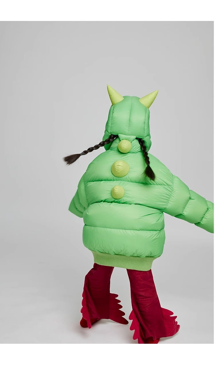 Kid's Autumn And Winter Solid Color Three-Dimensional Cutting Dinosaur Cap Hooded Loose Long-Sleeved Puffer Down Jacket #31323