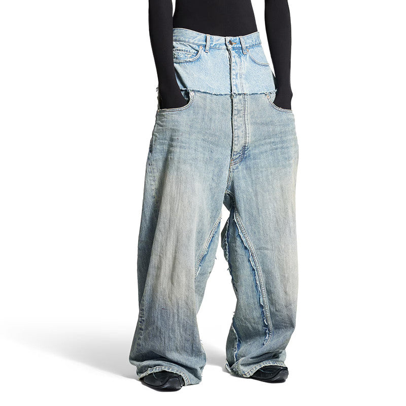 Balenciaga Men's Old Solid Color Splicing Old Jeans Casual Cut-Up Baggy Straight Pants Ngvp #1146