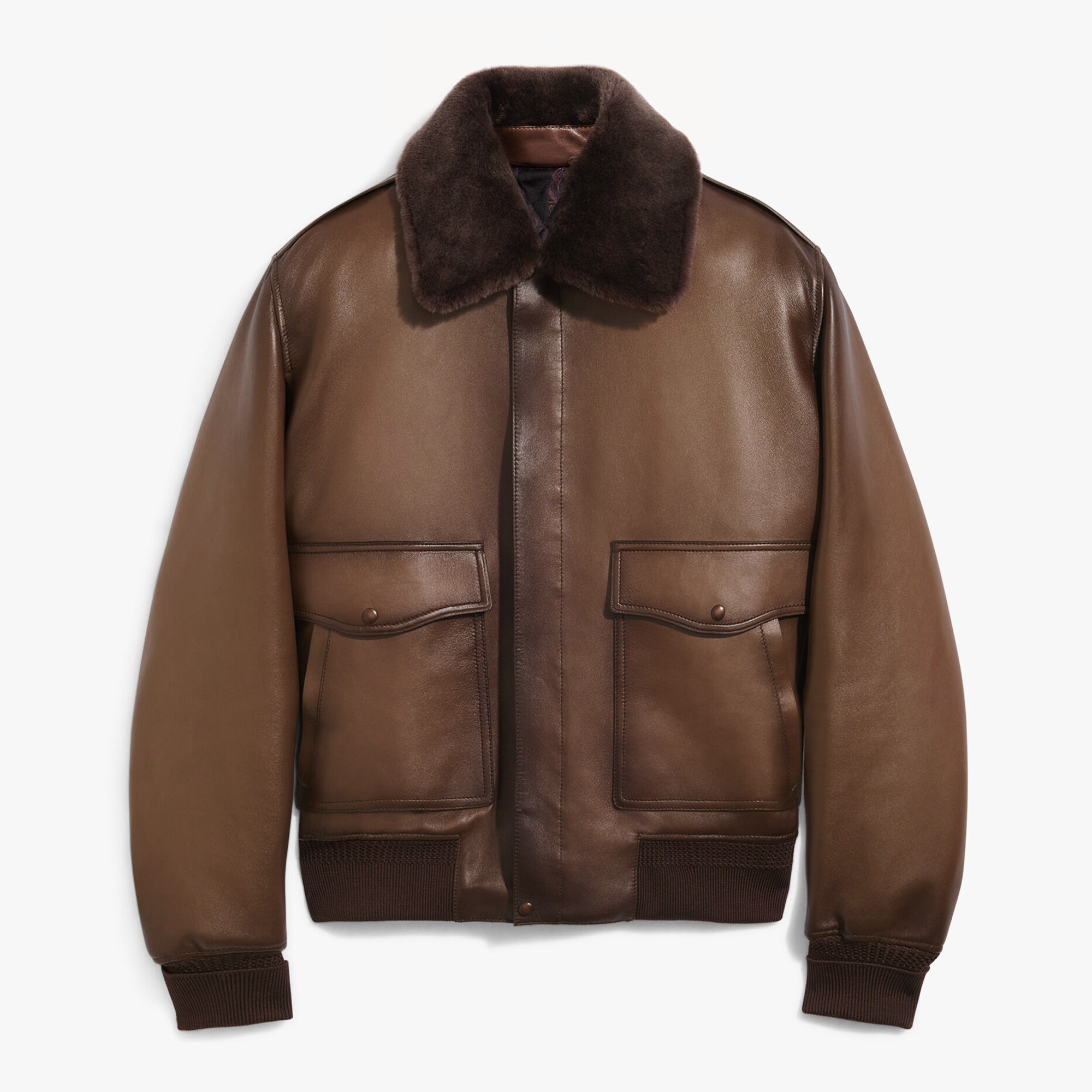 Berluti Men's Dyed Sheepskin Collar Zipper Solid Color Vintage-Washed Spring/Fall Fitted Casual Pilot Jacket Ngvp #2544