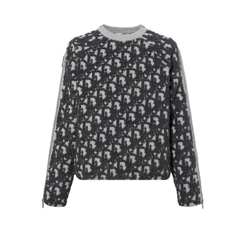 Dior Men's Autumn/Winter Oblique Print Round Neck Long Sleeve Sweater Solid Color Cotton Blend Jacquard Knit Sweater #81476