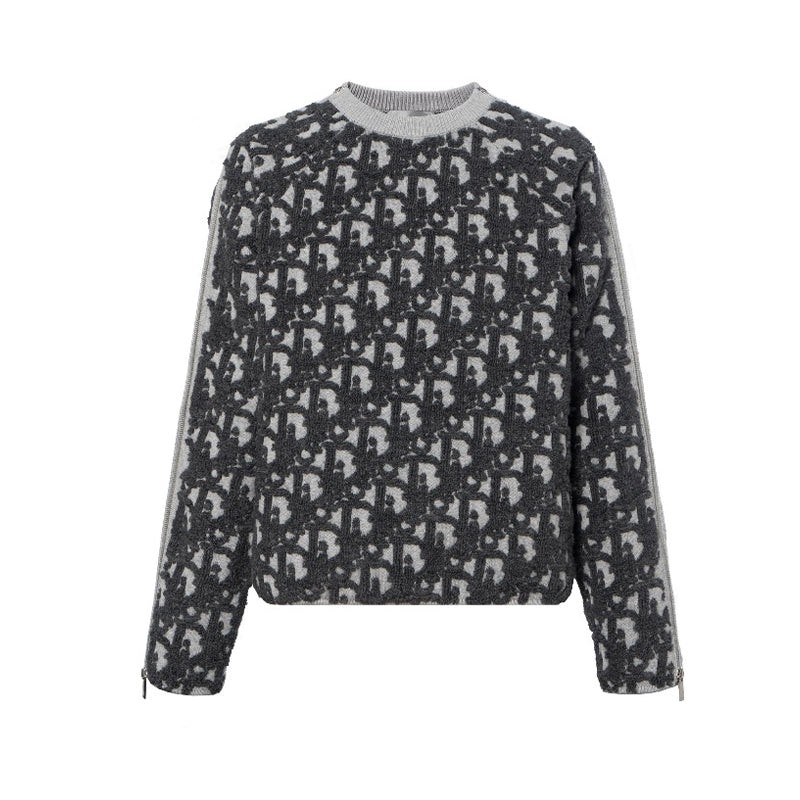 Dior Men's Autumn/Winter Oblique Print Round Neck Long Sleeve Sweater Solid Color Cotton Blend Jacquard Knit Sweater #81476