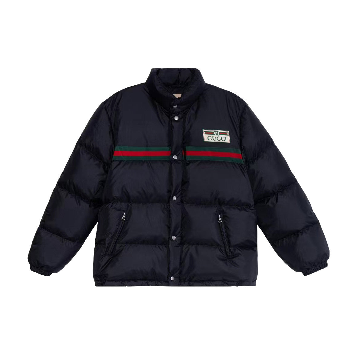 Gucci Men's And Women's Winter Fashion Casual High Neck Single Button Red Green Striped Webbing Contrast Collar Detachable Sleeves Down Jacket #79374