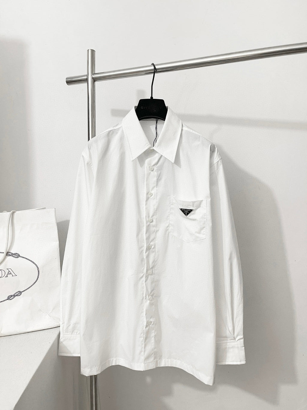 Prada Men's Women's Spring/Summer Solid Color Cotton Triangle Label Pocket Single Button Long Sleeve Shirt #77372