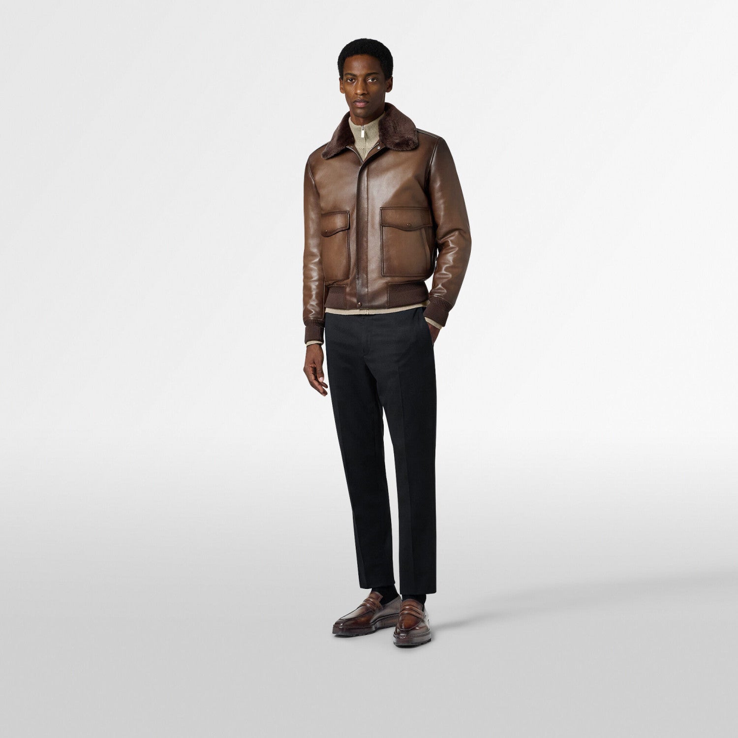 Berluti Men's Dyed Sheepskin Collar Zipper Solid Color Vintage-Washed Spring/Fall Fitted Casual Pilot Jacket Ngvp #2544